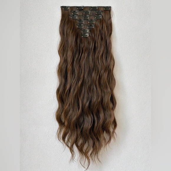 Human hair Blend Copper Brown 22 In Clip in  Hair Extensions - Picture 8 of 9